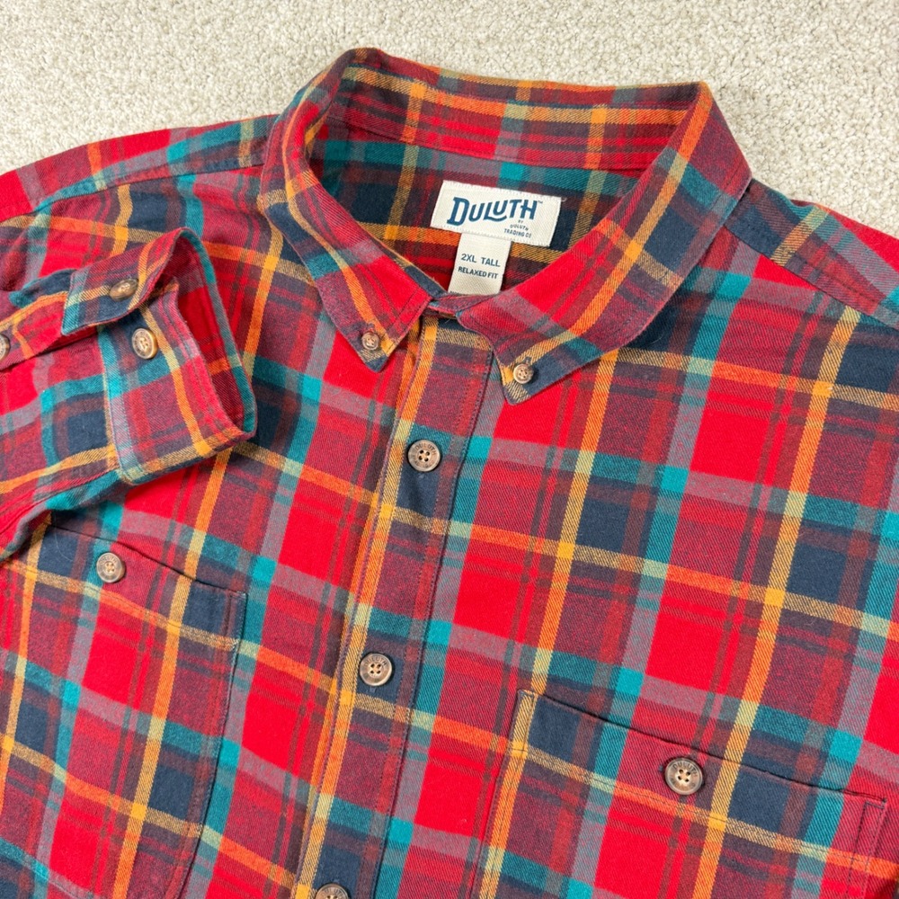 Duluth Trading Co Flannel Shirt Men 2XL Tall Red Plaid Relaxed Fit Button Down